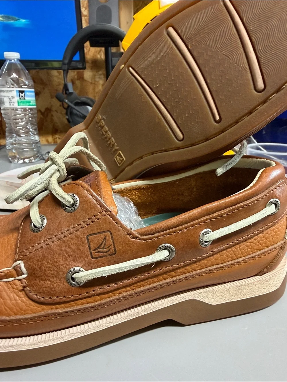 Sperry Cognac Brown Leather Boat Shoes with Cream Laces